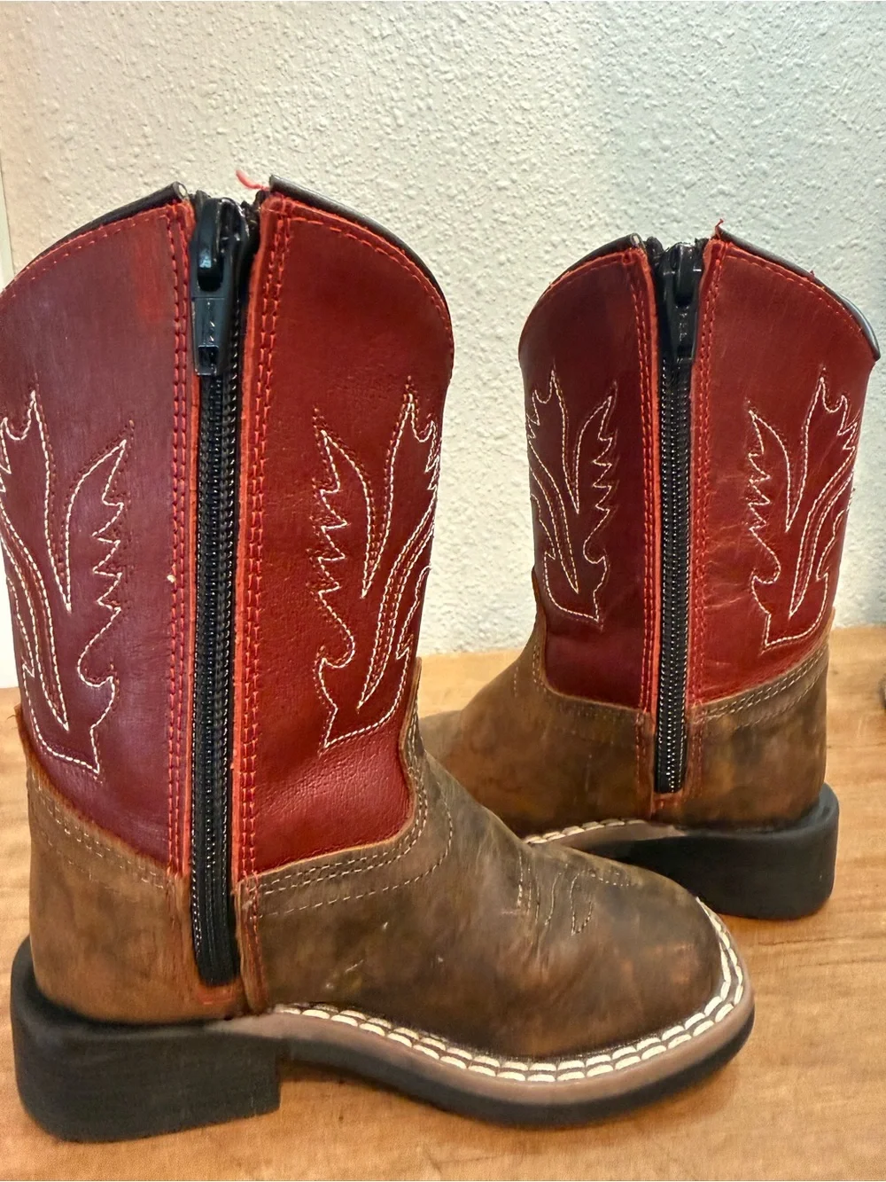 Old West Kids Cowboy Boots 5.5 D Brown Red Leather Western Side Zip
